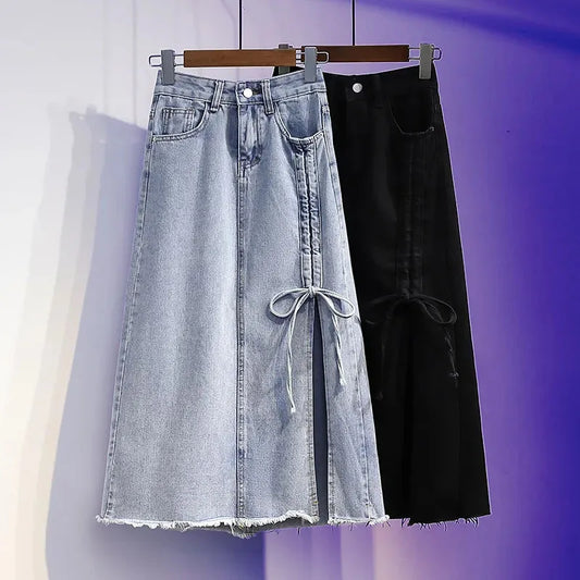 Territory Oversized Women Denim Skirts Summer Fashion Bow Side Slit Midi Jeans Skirt Vintage Korean High Waist All Match A Line Skirts