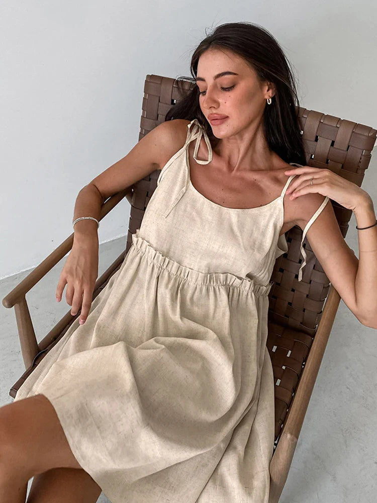 Territory Sexy Club Dress Summer Autumn Women Holiday Solid Khaki Spaghetti Flare Linen Mini Dress For Women