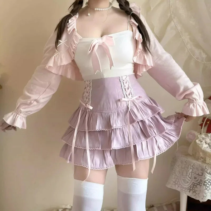 Territory 2024 Japanese Kawaii Lolita Style Pleated Skirts Women High Waist Pink Bandage Fairy Y2k Aesthetic Skirt Cute Faldas Mujer Moda