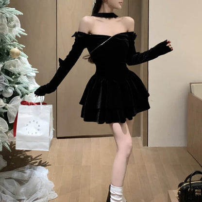 Territory Off-shoulder Sexy Slim Velvet Black Long-sleeved Dress Women 2024 Spring New Korean Fashion Bow Pleated Halter Party Dress