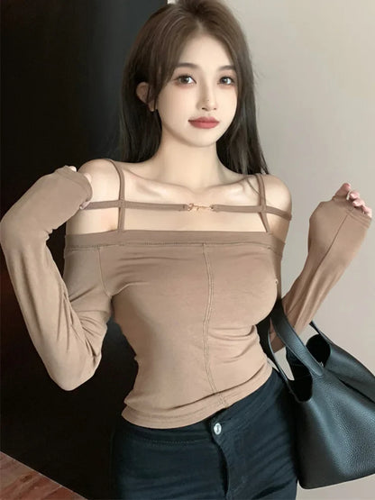 Territory Sexy Crop Tops Tees Spring Slim Fit Slash Neck With Bare Shoulders Bare Back Solid Color Full Sleeve Women Short T-Shirts