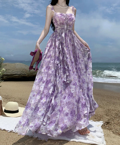 Territory French Vintage Purple Print Long Dresses for Women 2023 Summer Sexy Backless Sleeveless Ruffles Beach Holiday Female Clothing