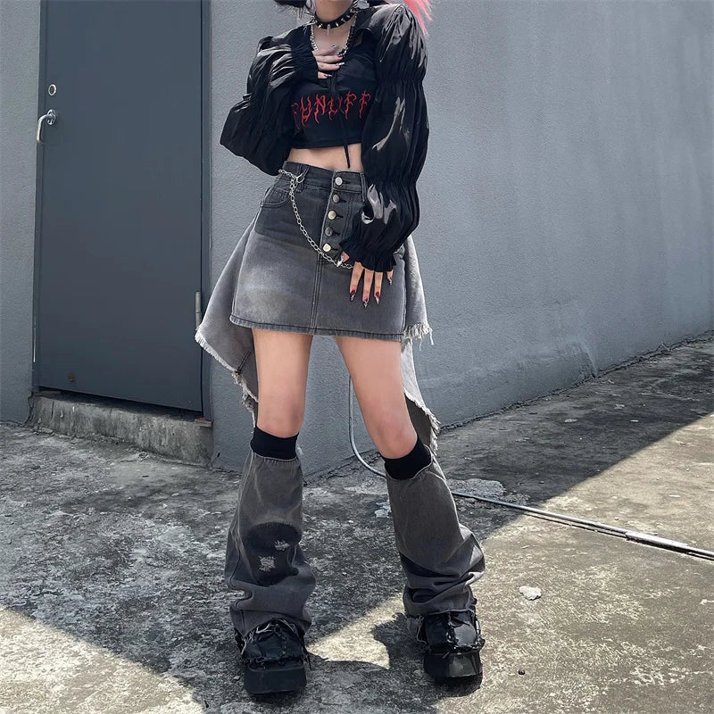 Territory Harajuku Vintage Y2k Skirts Leg Warmers Denim Mini Skirt Irregular Patchwork Raw Edge Design Streetwear Gyaru Women's Clothing