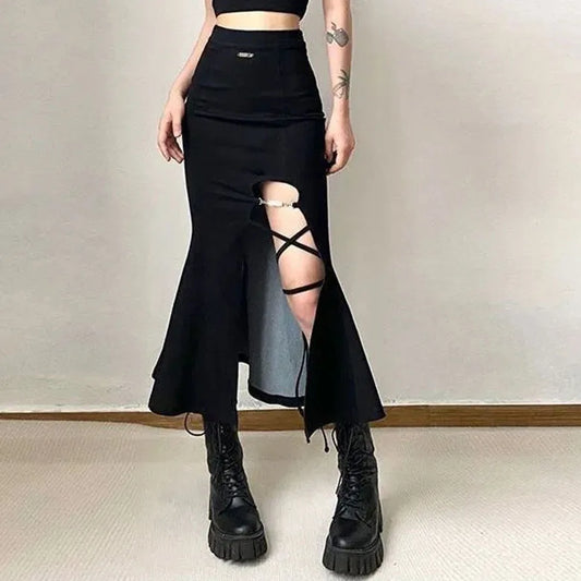 Territory Gothic Black Sexy Split Midi Skirts Y2K Summer Korean Slim Bandage A Line Skirts Female High Waist Streetwear All Match Skirts