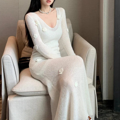 Territory 2024 Autumn New Korean V-neck 3D Flower Sexy Slim Elegant Knitted Long-sleeved Dress Women + White Sling Dress Two-piece Suit