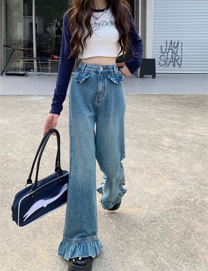 Territory Gothic High Waist Denim Pants Women Chic Ruffles Ruffle Hem Jeans Wide Leg   Female  Kawaii Y2K Straight Trousers