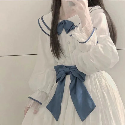 Territory Harajuku Sweet Sailor Collar White Dresses Summer New Slim Waist Bow Vestidos Mujer Y2k E-Girl Long Sleeve Dress for Women