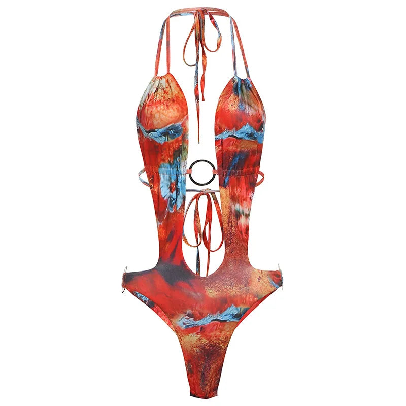 Territory Multicolor Print Sexy Bodysuit Lace Up Backless Halter Y2K Tops 2024 Festival Outfit Women Rave Beach Swimwear