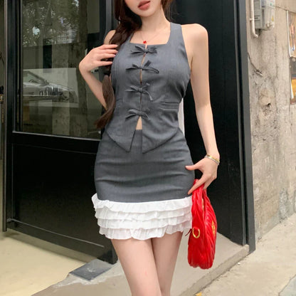 Territory 2024 Summer New High Street Hollow Backless Bow Patchwork Sexy Slim Camisole Women + Casual Pleated Cake Skirt Two-piece Suit