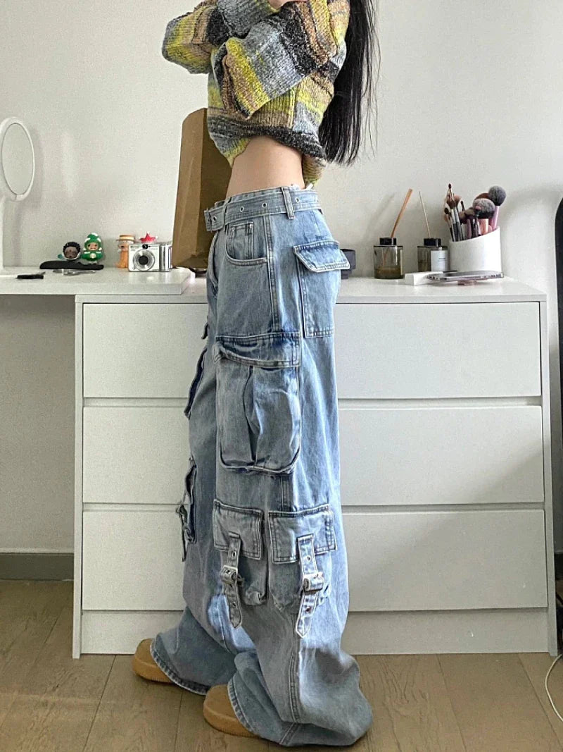 Territory Autumn Winter New Ladies Cargo Jeans American Street Style Baggy Cargo Pants Women Blue Multi-pocket Wide Leg Jeans for Women