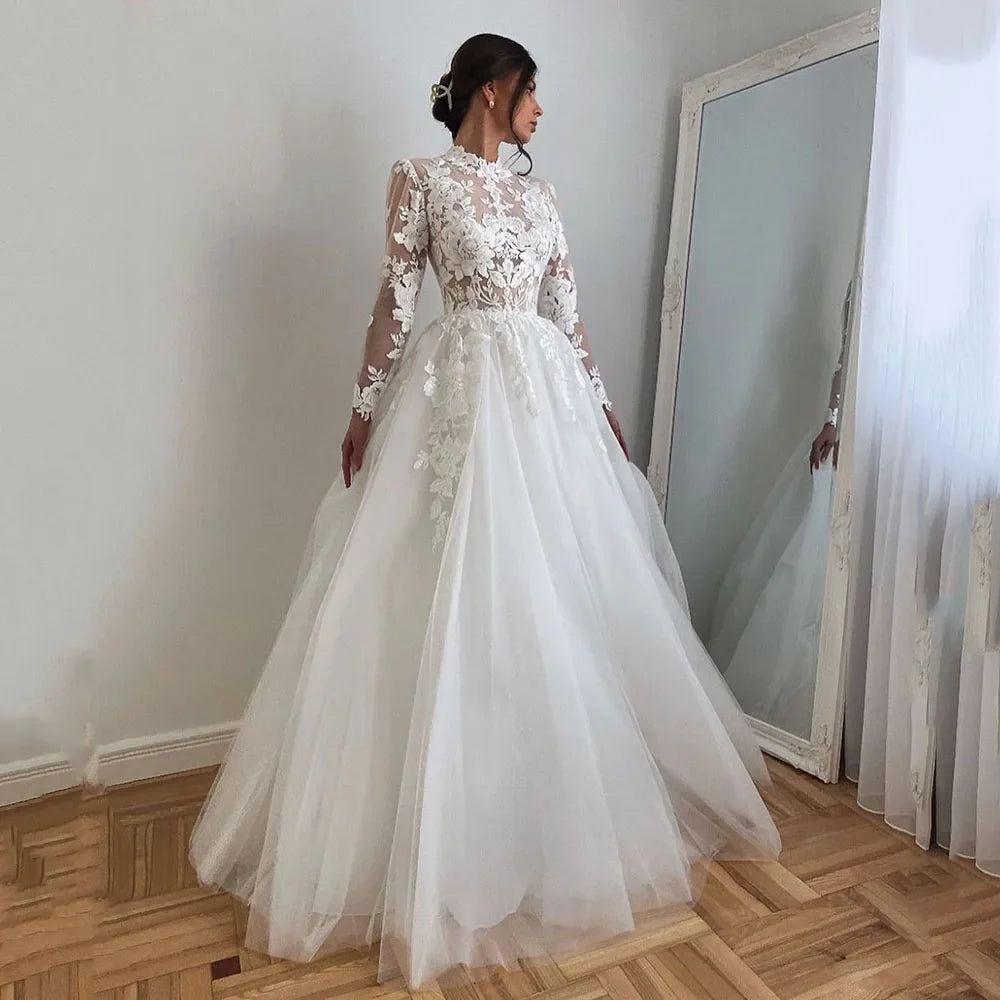 Territory 3D Lace Wedding Dresses 2024 A Line Princess Long Sleeve Appliques Bride Dress High Neck Vintage Wedding Gowns Women