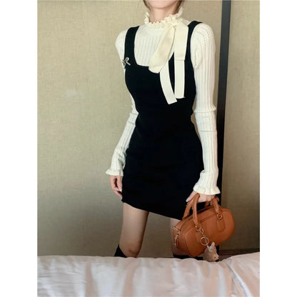 Territory O-neck Lace-up Ruffled Elegant Long-sleeved Dress Women 2024 Spring New Korean Contrast Color Patchwork Casual Knitted Dress