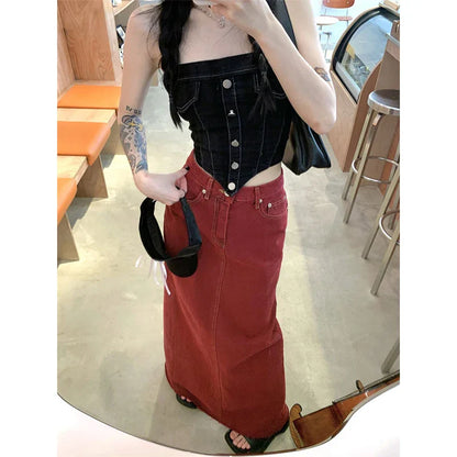 Territory S-3Xl Vintage Slit Denim Midi Skirts Women Y2K Red High Waist Wrap Jean Skirt Summer Korean Sexy Split Slim A Line Faldas