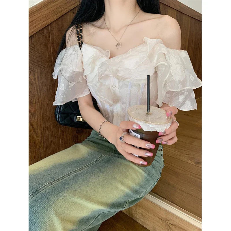 Territory Cropped Slash Neck Shirts Women Fashion Black Sexy Off Shoulder Blouses Summer Korean Office Ladies Elegant Slim Crop Tops