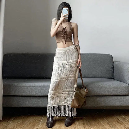 Territory Apricot Embroidery Pattern Sexy All-Match Self-Cultivation Mature Feminine Simple Women'S Long Tassel Skirt