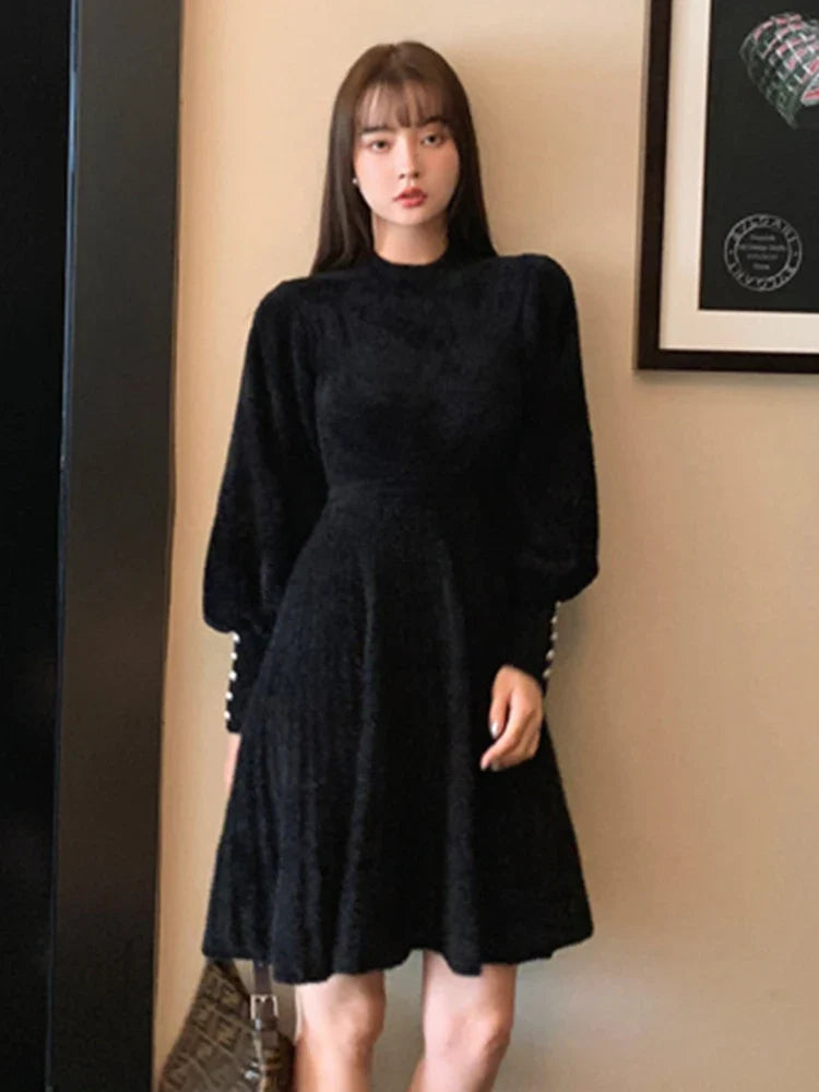 Territory High Quality Autumn Winter Knitted Sweater Dress Women Korean Sweet Vestidos Long Sleeve Button Casual Pull Mini Dress For Women