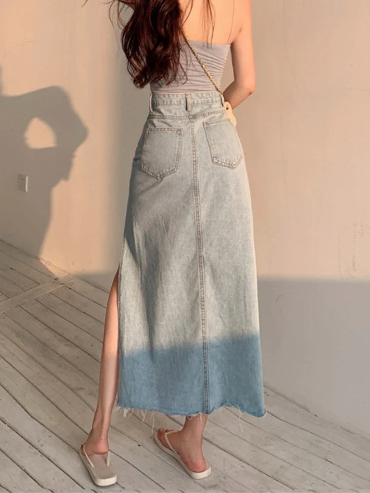 Territory Long Denim Skirt Vintage Women Solid High Waist  A-LINE Slim Korean Style Jean Slit Midi Skirt Summer Fashion Girl