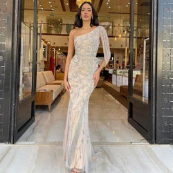 Territory Grey Nude One-Shoulder Elegant Evening Dresses Customized  Luxury Beaded Mermaid Party Gowns For Women