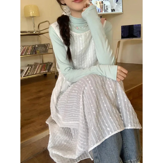 Territory 2024 Spring New Streetwear Hollow Lace-up Sheer Loose Mid-length Dress Women + Casual Long-sleeved T-shirt Two-piece Suit