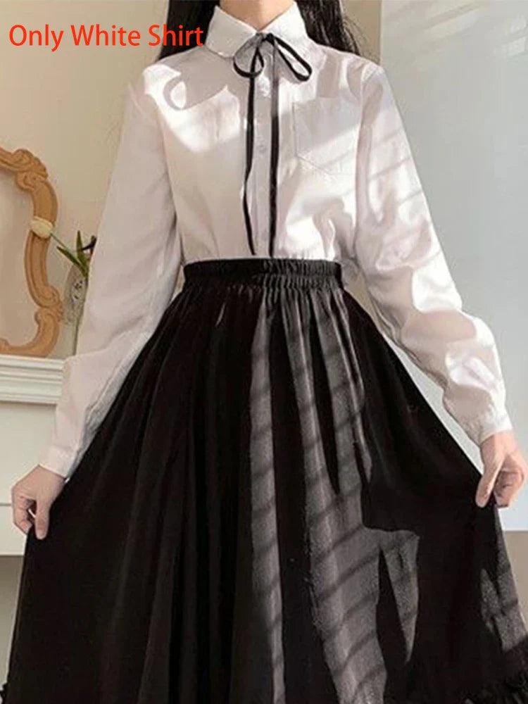 Territory Black Long Skirts Women Japanese Kawaii Preppy Style Lolita Skirt Female French Vintage Double Layer Lace Ruffled Pleated Skirts