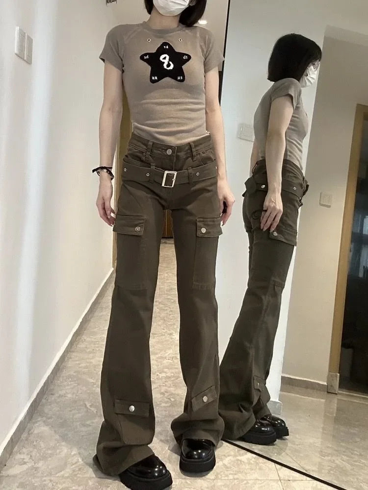 Territory American Vintage Cargo Denim Pants Women 2024 Summer Thin Flare  Y2k Grunge High Waist Straight Trousers Mujer