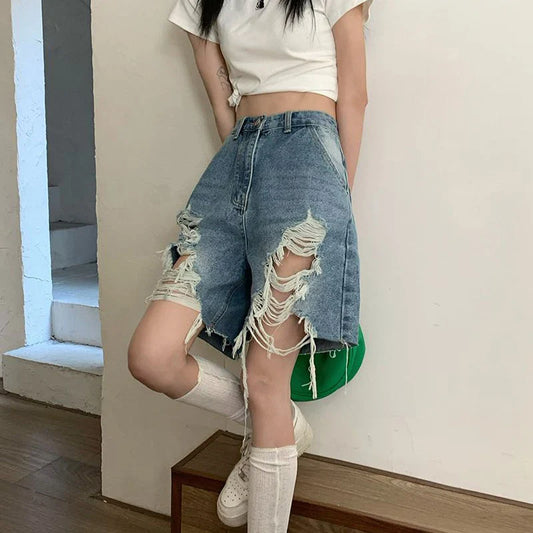 Territory S-5Xl Denim Shorts Women High Waist Hole Jeans Shorts Summer Streetwear Korean Vintage Distressed Wide Leg Short Pants New