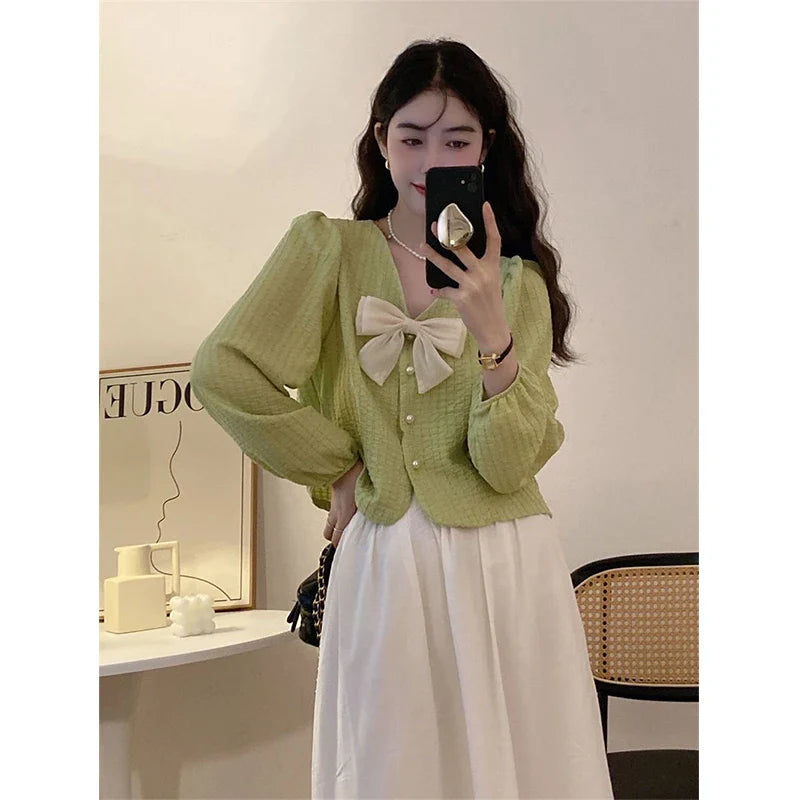 Territory S-3Xl Elegant Bow Shirts Women Sweet Pink Puff Long Sleeve Blouses Korean Fashion White V Neck Pearl Buttons Crop Tops New