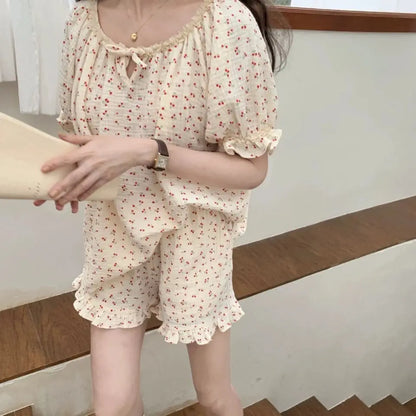 Territory Floral Print Summer Pajamas Set Women Shirts Tops + Shorts Set Two Piece Ruffles Sweet Home Suit Home Clothes Korean