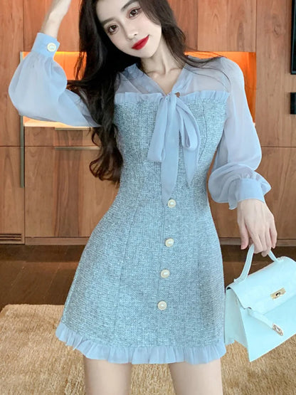 Territory New Spring Vintage Sexy See-through Chiffon Patchwork Tweed Mini Dress Women Ribbon Bow Single-breasted Long Sleeve Party Dress