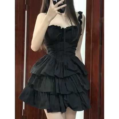 Territory Gothic Hrajuku Goth Lolita Kawaii Cute Black Ruffles Dress Soft Girl Y2k Fashion Cake Party Short Dresses