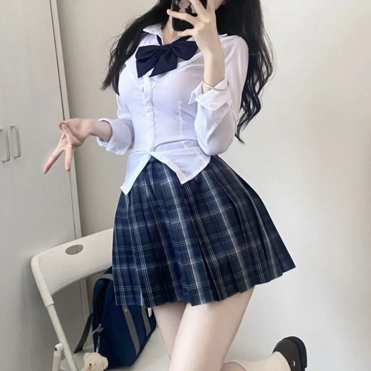 Territory S-8xl plus size American Jk school uniform original uniform bow pleated skirt college style slim shirt high waist skirt suit