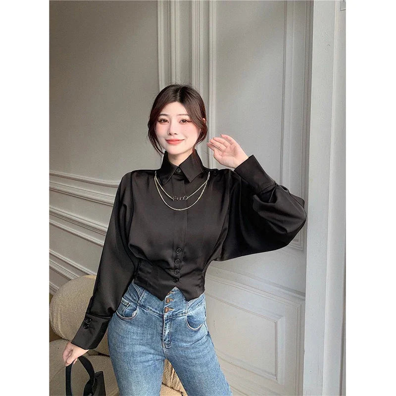 Territory Elegant Cropped White Shirts Women Korean Fashion Black Batwing Long Sleeve Blouses Office Ladies Basic Chic Tunic Tops