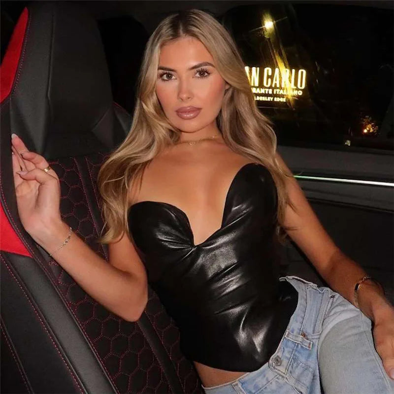 Territory PU Leather Black Sexy Tops Women Club Wear Strapless Low Cut Busiter Asymmetrical Ruched Backless Tube Top