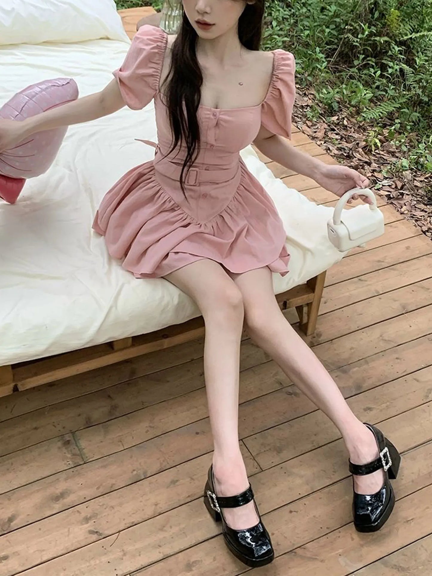 Territory Pink Mini Dress Women Sweet One Piece Dress Korean Fashion Sexy High Waist Lolita Dresses Slim Party Club Dress Summer Clothes