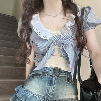 Territory Pink Kawaii Two-piece Set Tops Women Blue Striped Casual Sweet Blouses Female Bubble Sleeve Korean Fashion Clothing Summer