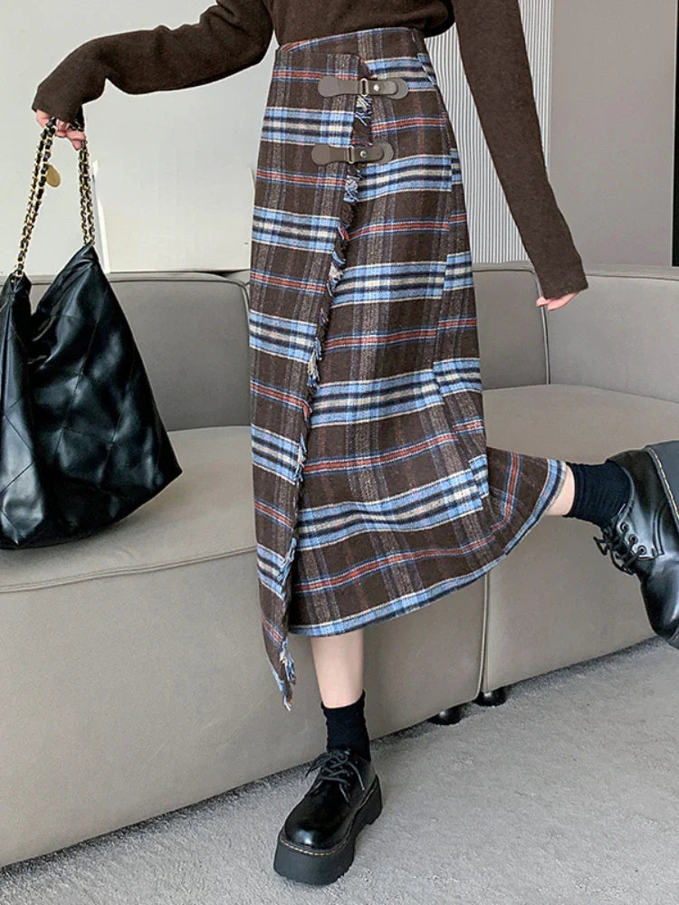 Territory French Vintage Long Skirts for Women Autumn Winter High Waist Plaid Raw Edge Irregular Skirt  Slim Fit Elegant Design Clothing