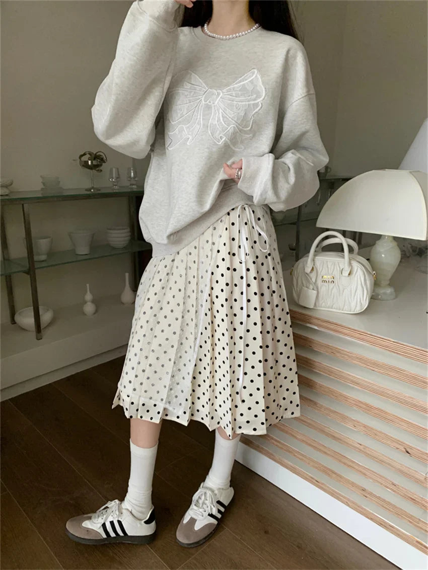 Territory Oversize Sweatshirts Women Grey Chic Casual New All Match 2024 Polka Dots Maxi Skirts Daily Office Lady Spring