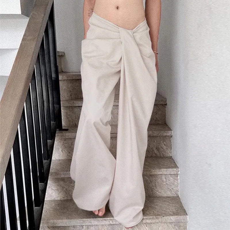 Territory Irregular Low Waist Wide Leg Pants Women Chic Casual Solid Loose Straight Trousers Elegant Fashion Street Style Pants