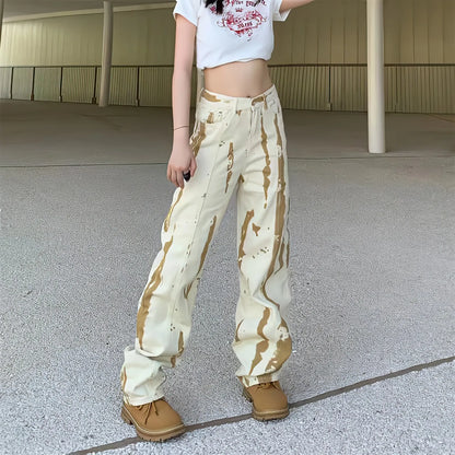 Territory Baggy Y2k  Jeans Women High Waist Straight Wide Leg Yellow Pants Streetwear Korean Fashion Harajuku Graffiti Tie Dye Trousers