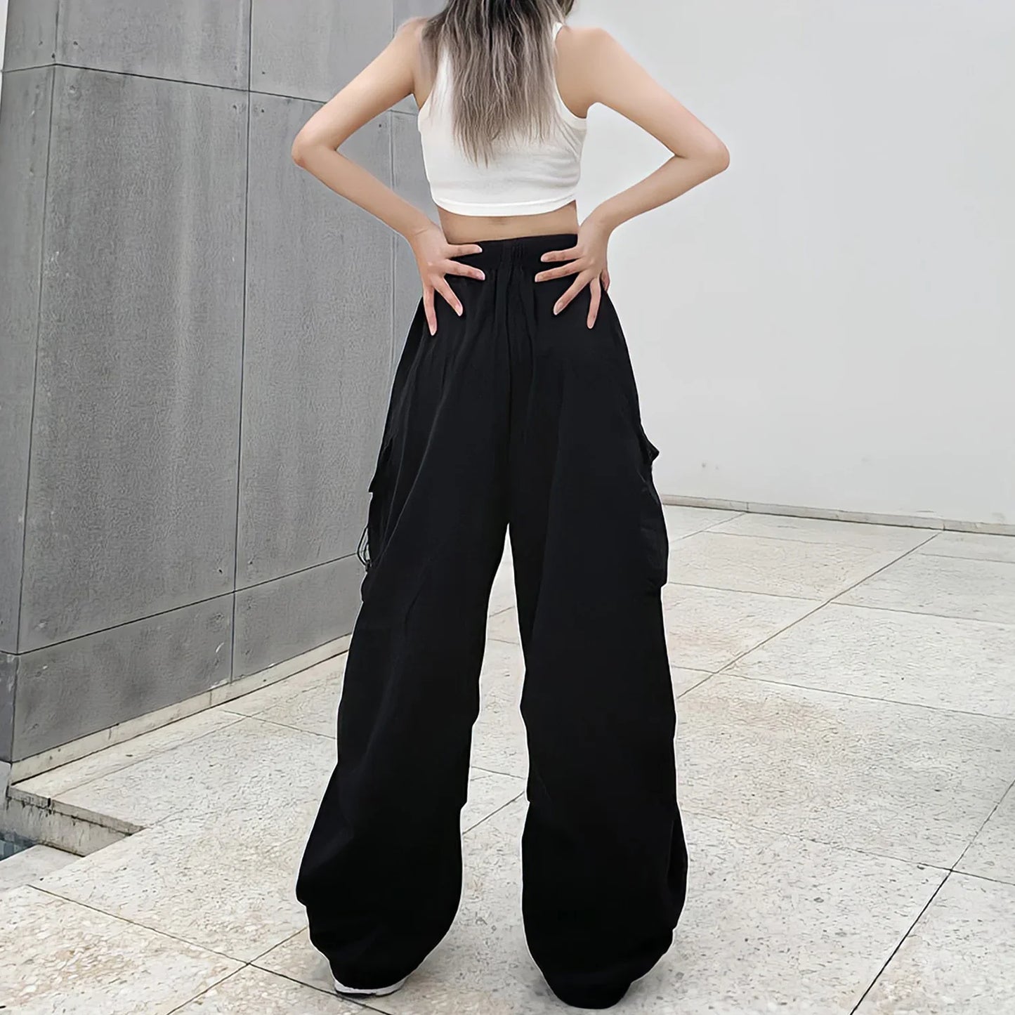 Territory Drawstring Baggy Grey Cargo Pants Women High Waist Black Pants Streetwear Boyfriend Jogging Casual Straight Wide Leg Trousers