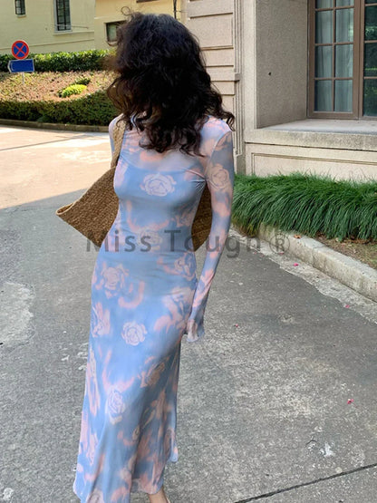 Territory Blue France Elegant Two Piece Set Women Floral Print Party Long Dress Set Female Slim Korean Fashion Dress Suit Autumn New