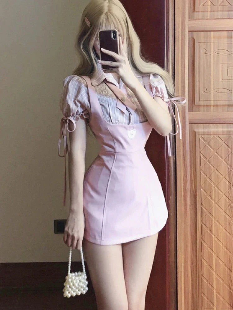 Territory Pink Sweet Kawaii Two Piece Set Women Korean Fashion Party Mini Dress Set Female Bow Lace Tops + Cute Princess Dress Suit