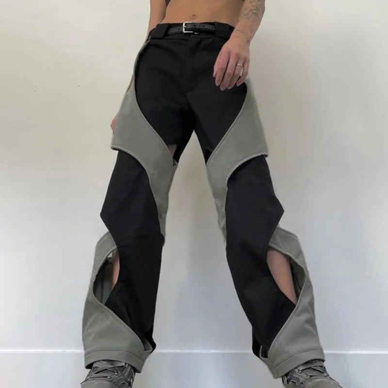 Territory Harajuku Patchwork Hip Hop Cut Out Women Trousers Streetwear Contrast Color Design Track Pants Casual Retro Clothing