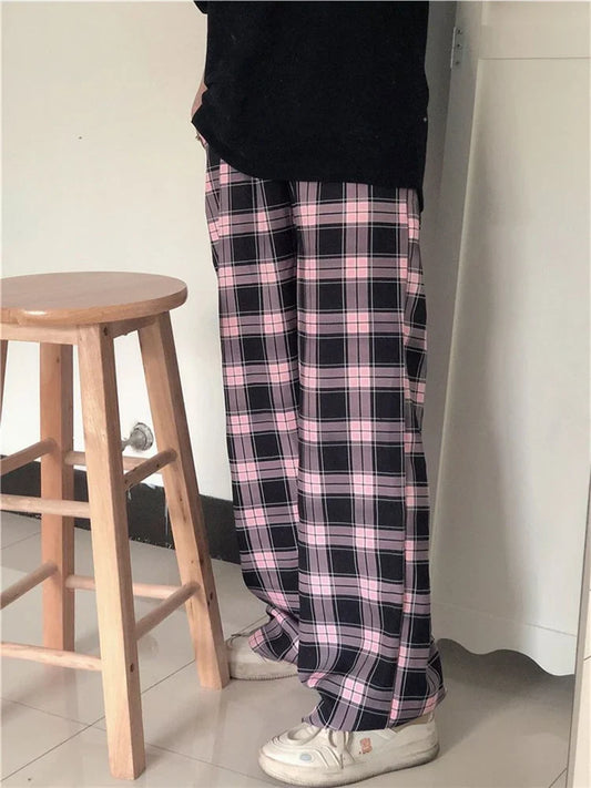 Territory Harajuku Pink Plaid Pants Women Japanese Y2K Cute Checked Trousers Oversized Korean Fashion Basic Wide Leg Sweatpants