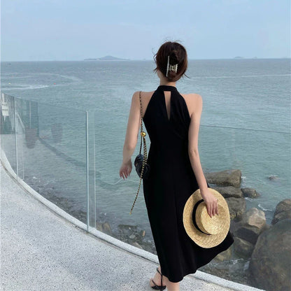 Territory Elegant Halter Women Midi Dress Sexy V Neck Backless Sleeveless Beach Party Vestidos Summer Korean High Waist Casual Black Dress