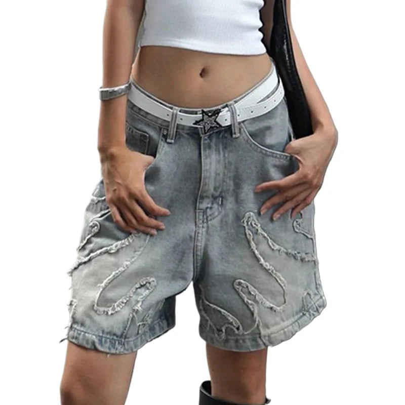 Territory Casual Slim Patchwork Denim Shorts Sexy Loose Pockets Low-Waisted Jeans Women 2024 Summer Fashion Streetwear Ladies