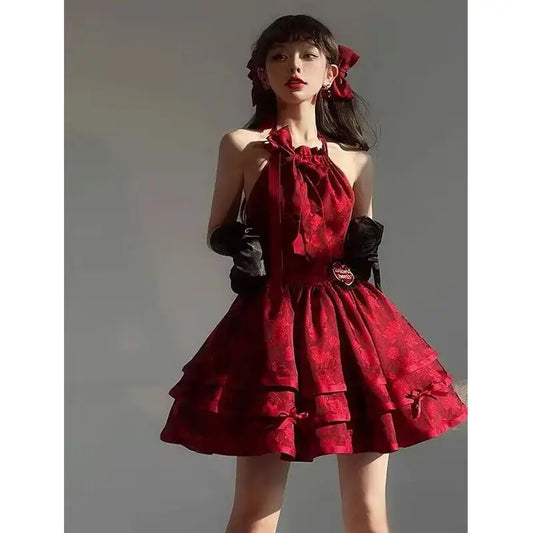 Territory Korea Red Halter Sling Dress for Women Spring Summer Luxury Escape Princess Sweet Vintage Puffy Waist Slim A-line Short