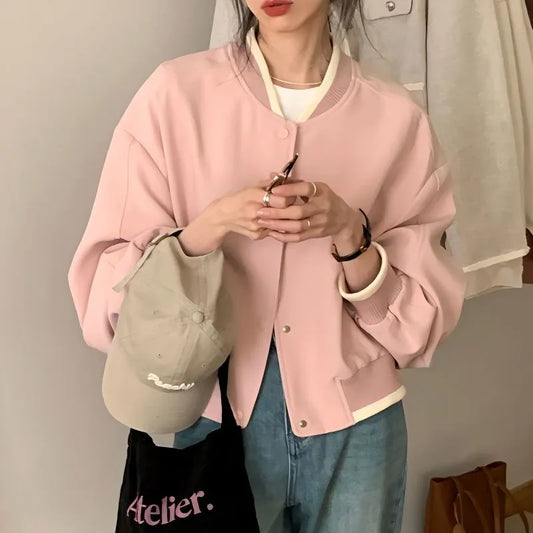 Territory  Pink Bomber Cropped Jacket Women Korean Fashion Oversize Casual Short New Jackets Spring Chic and Elegant Aesthetic