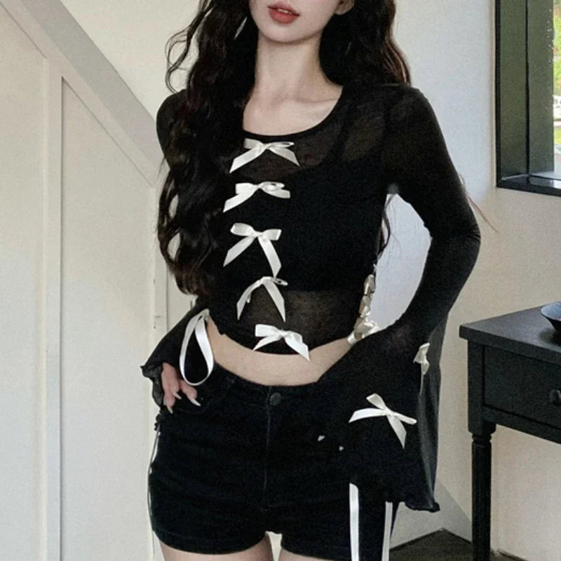 Territory High Street Fashion Bow Stitching Mesh Long-sleeved T-shirt Women Autumn New O-neck Sexy Slim Lace-up Black Crop Tops