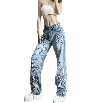 Territory Patchwork Women's Jeans Y2K Streetwear Baggy Straight Cargo Pants Punk High Waist Wide Leg Denim Trousers 90s Vintage